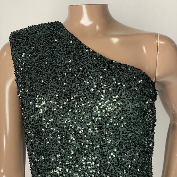 Endless Rose Women's Sequin Wrap Mini Dress Emerald Green Size XS | One-Shoulder - Picture 6 of 7